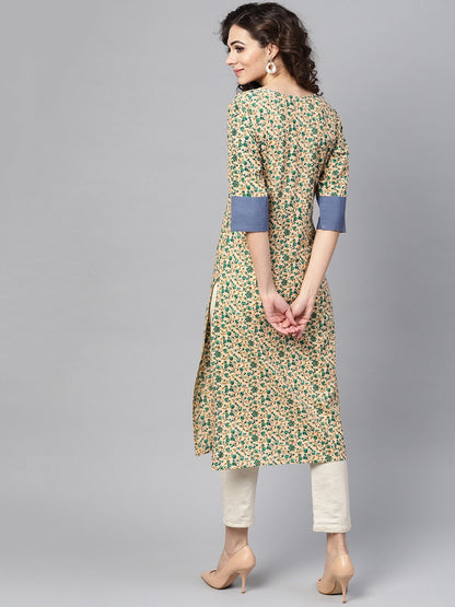 Beige Multi-Colored Straight Kurta With Round Neck With Solid Blue Cuff Detailing | LASVINI - Redefining Indian Fashion with Elegance