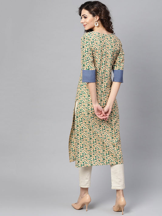 Beige Multi-Colored Straight Kurta With Round Neck With Solid Blue Cuff Detailing | LASVINI - Redefining Indian Fashion with Elegance