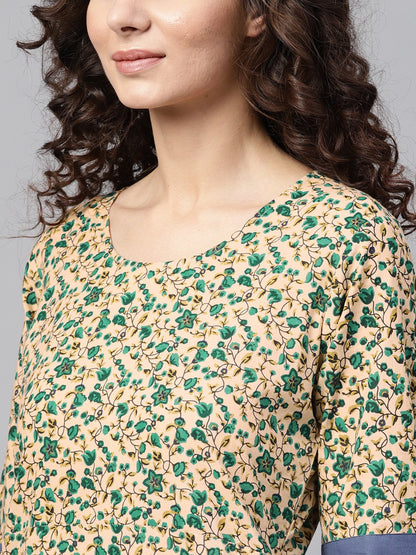 Beige Multi-Colored Straight Kurta With Round Neck With Solid Blue Cuff Detailing | LASVINI - Redefining Indian Fashion with Elegance