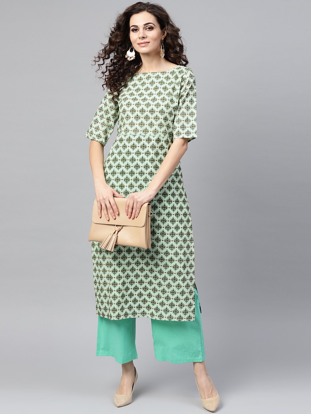 Light Green Multi Printed Straight Kurta Set With Solid Green Pants | LASVINI - Redefining Indian Fashion with Elegance
