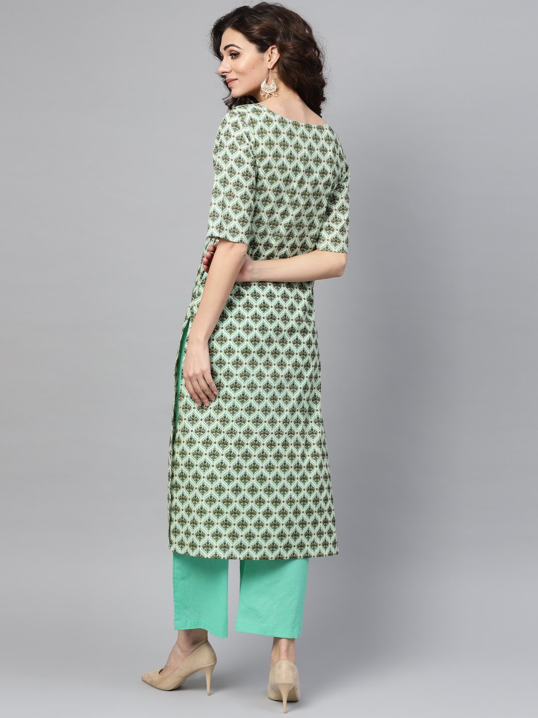 Light Green Multi Printed Straight Kurta Set With Solid Green Pants | LASVINI - Redefining Indian Fashion with Elegance
