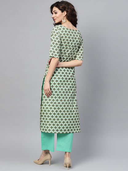 Light Green Multi Printed Straight Kurta Set With Solid Green Pants | LASVINI - Redefining Indian Fashion with Elegance