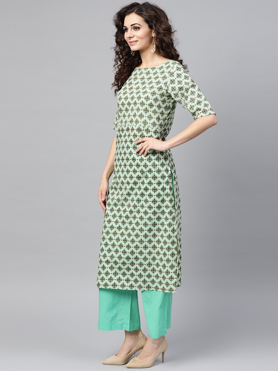 Light Green Multi Printed Straight Kurta Set With Solid Green Pants | LASVINI - Redefining Indian Fashion with Elegance