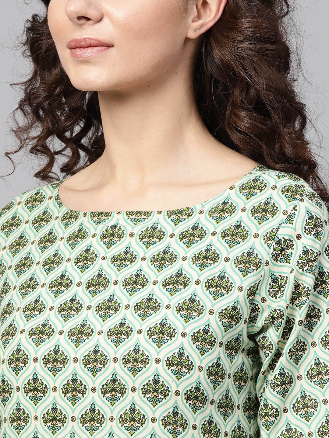 Light Green Multi Printed Straight Kurta Set With Solid Green Pants | LASVINI - Redefining Indian Fashion with Elegance