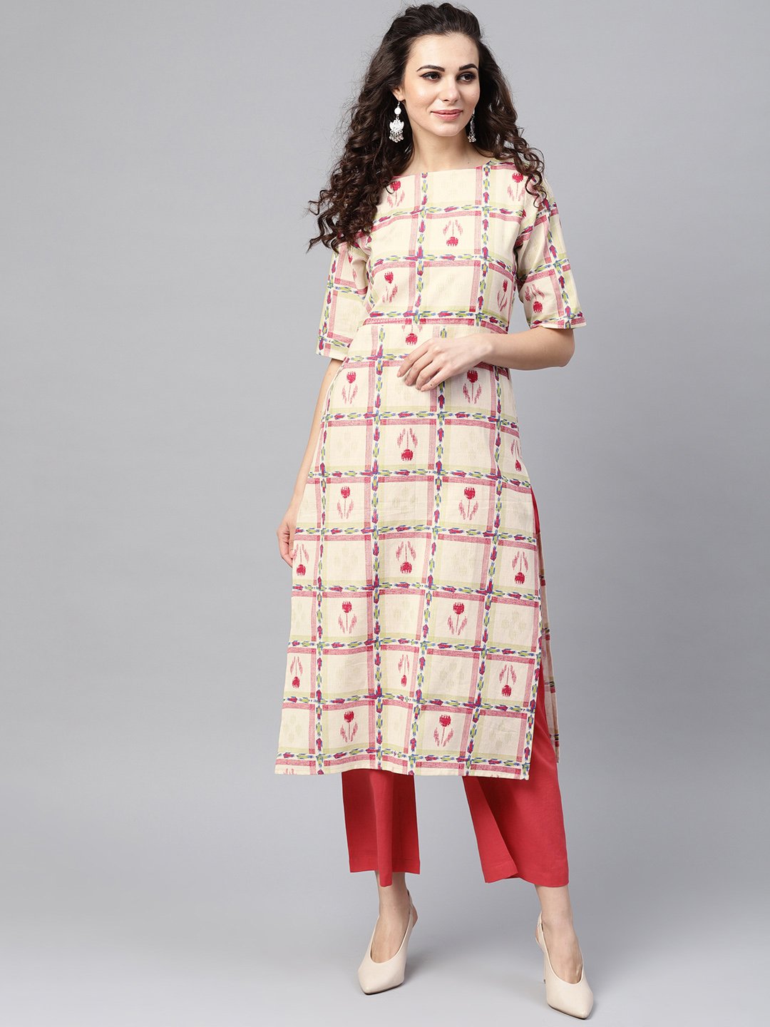 White Checked Printed Staright Kurta Set With Solid Red Pants | LASVINI - Redefining Indian Fashion with Elegance