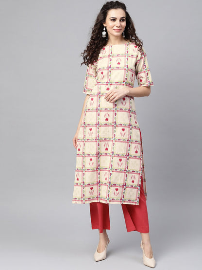 White Checked Printed Staright Kurta Set With Solid Red Pants | LASVINI - Redefining Indian Fashion with Elegance