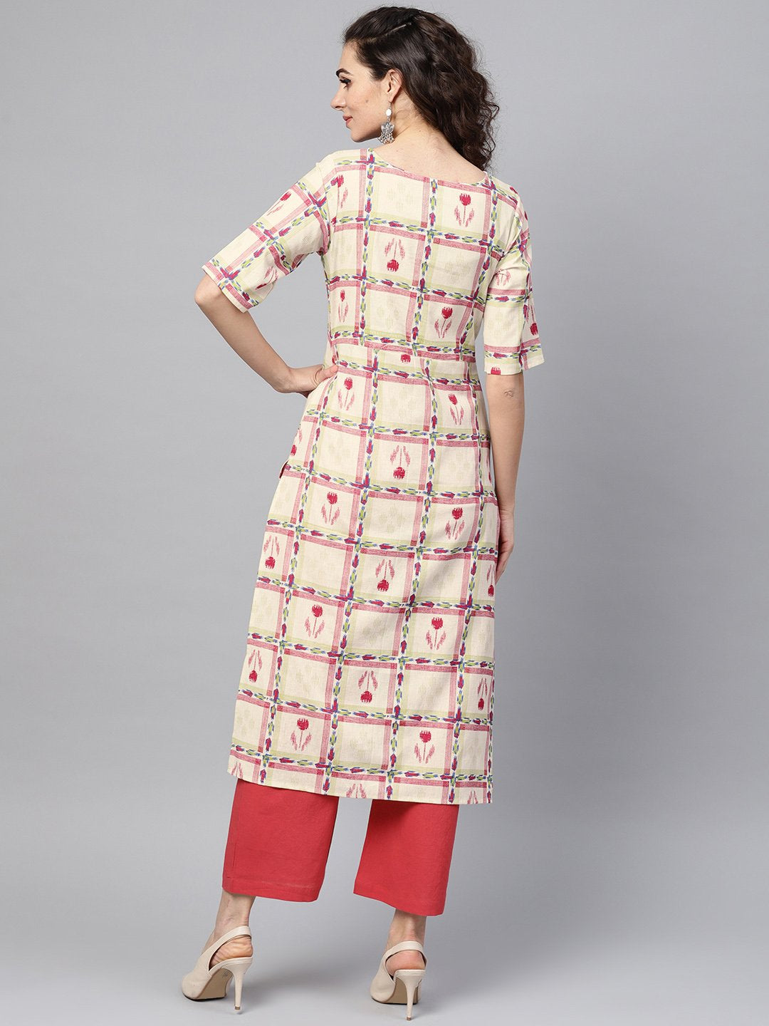White Checked Printed Staright Kurta Set With Solid Red Pants | LASVINI - Redefining Indian Fashion with Elegance