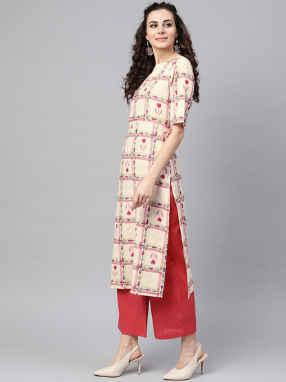 White Checked Printed Staright Kurta Set With Solid Red Pants | LASVINI - Redefining Indian Fashion with Elegance