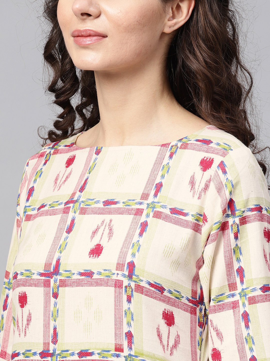 White Checked Printed Staright Kurta Set With Solid Red Pants | LASVINI - Redefining Indian Fashion with Elegance