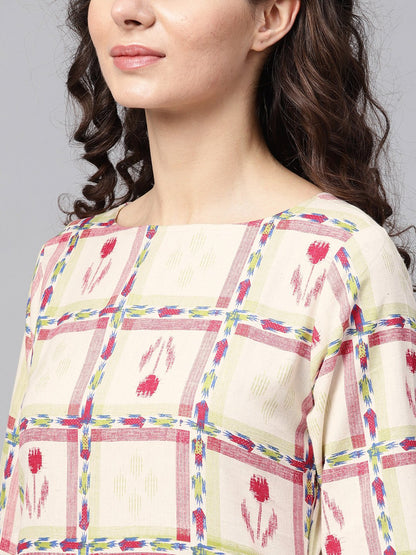 White Checked Printed Staright Kurta Set With Solid Red Pants | LASVINI - Redefining Indian Fashion with Elegance