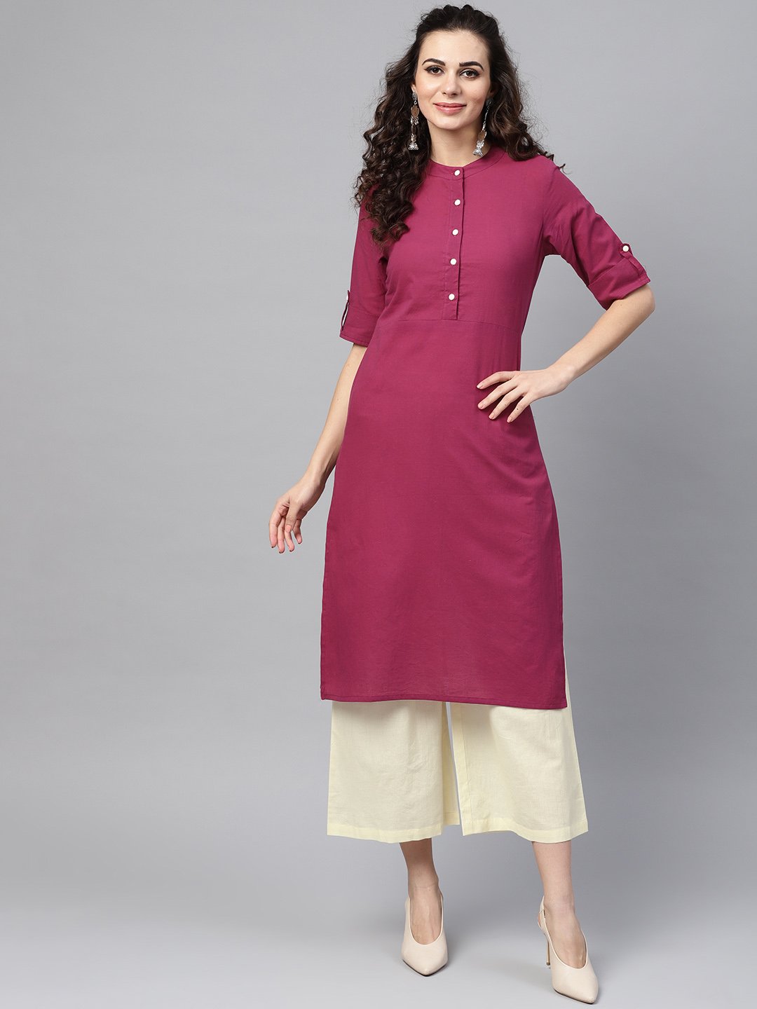 Solid Burgundy Straight Kurta Set With Cream Culottes | LASVINI - Redefining Indian Fashion with Elegance