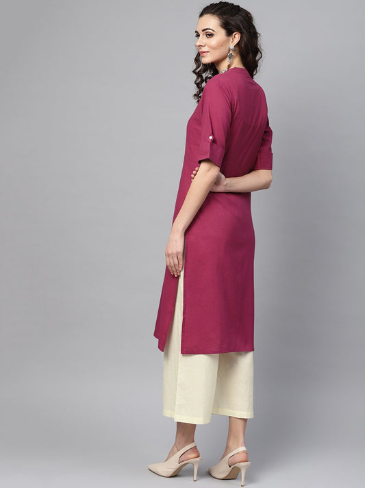 Solid Burgundy Straight Kurta Set With Cream Culottes | LASVINI - Redefining Indian Fashion with Elegance