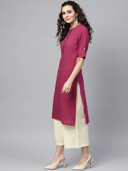 Solid Burgundy Straight Kurta Set With Cream Culottes | LASVINI - Redefining Indian Fashion with Elegance