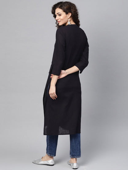 Navy Blue Straight Kurta With Mandarin Collar & Front Placket | LASVINI - Redefining Indian Fashion with Elegance