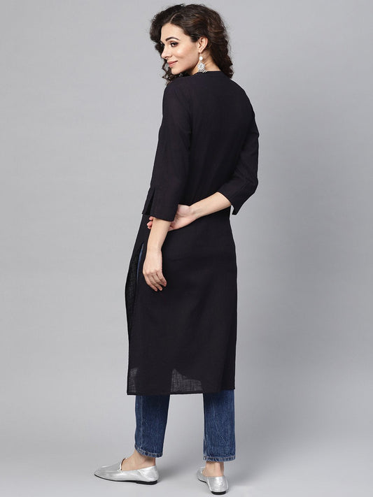 Navy Blue Straight Kurta With Mandarin Collar & Front Placket | LASVINI - Redefining Indian Fashion with Elegance