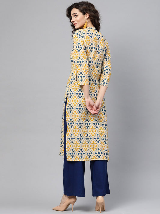 Cream Multi Colored Straight Kurta With Mandarin Collar & 3/4 Sleevs | LASVINI - Redefining Indian Fashion with Elegance