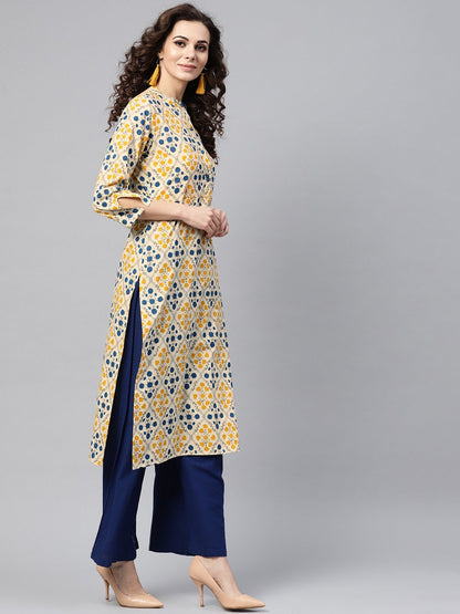 Cream Multi Colored Straight Kurta With Mandarin Collar & 3/4 Sleevs | LASVINI - Redefining Indian Fashion with Elegance