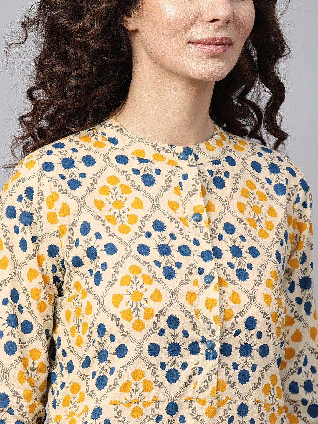 Cream Multi Colored Straight Kurta With Mandarin Collar & 3/4 Sleevs | LASVINI - Redefining Indian Fashion with Elegance