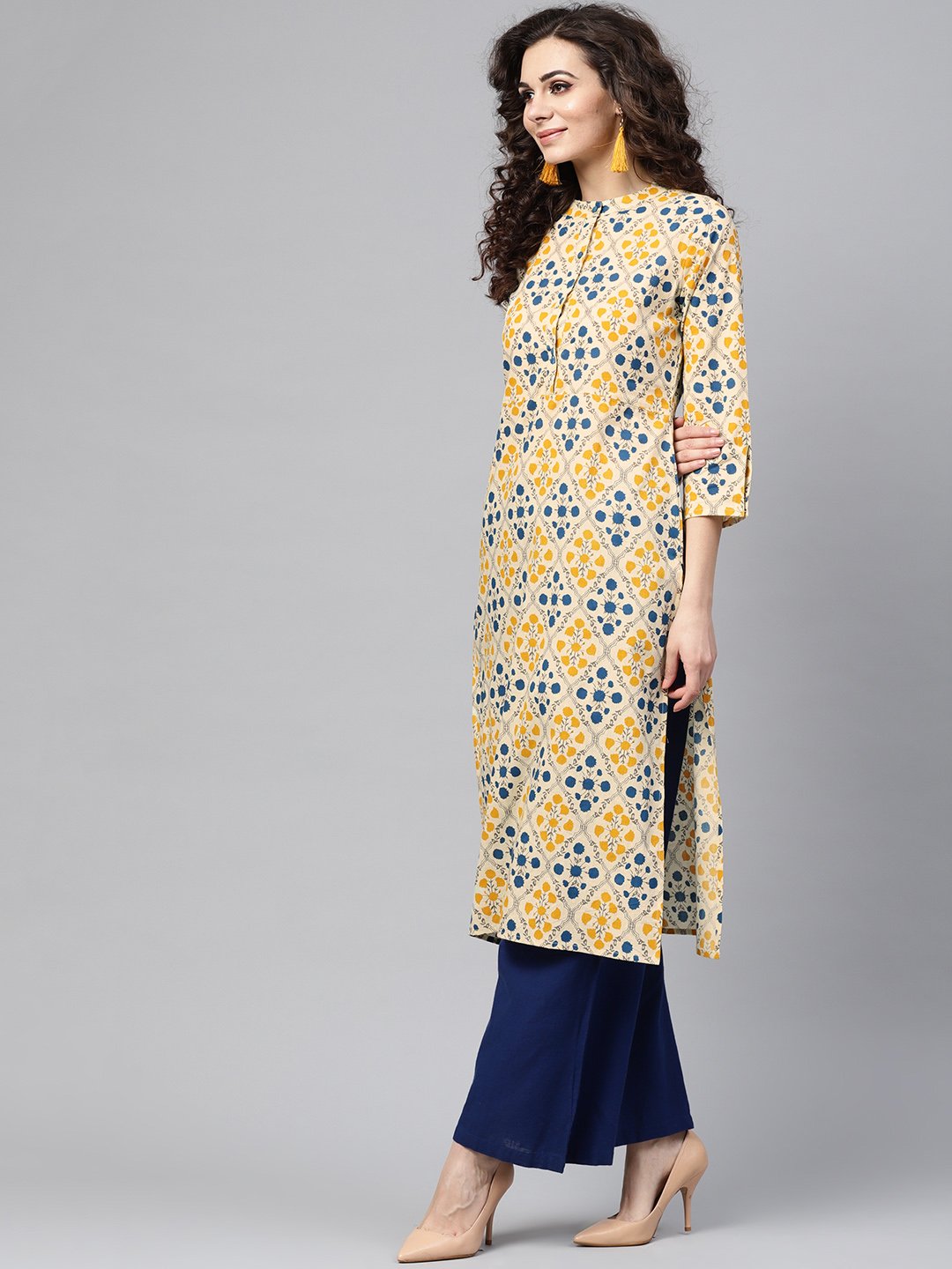 Cream Multi Colored Straight Kurta With Mandarin Collar & 3/4 Sleevs | LASVINI - Redefining Indian Fashion with Elegance