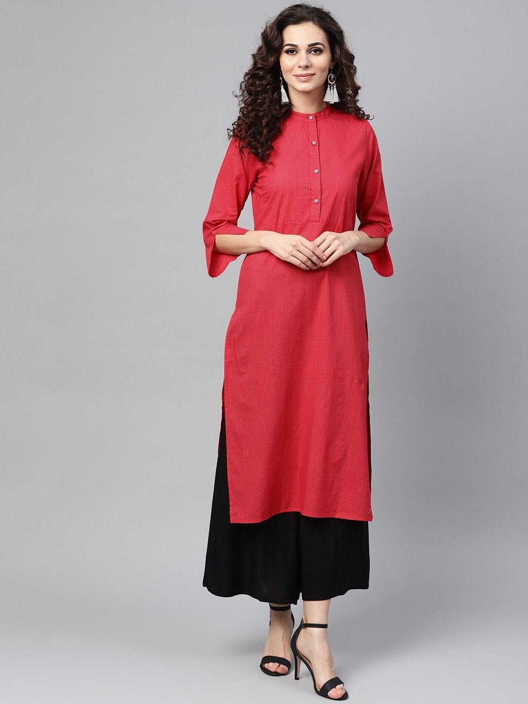 Pink Straight Kurta With Madarin Collar With 3/4 Sleeves | LASVINI - Redefining Indian Fashion with Elegance