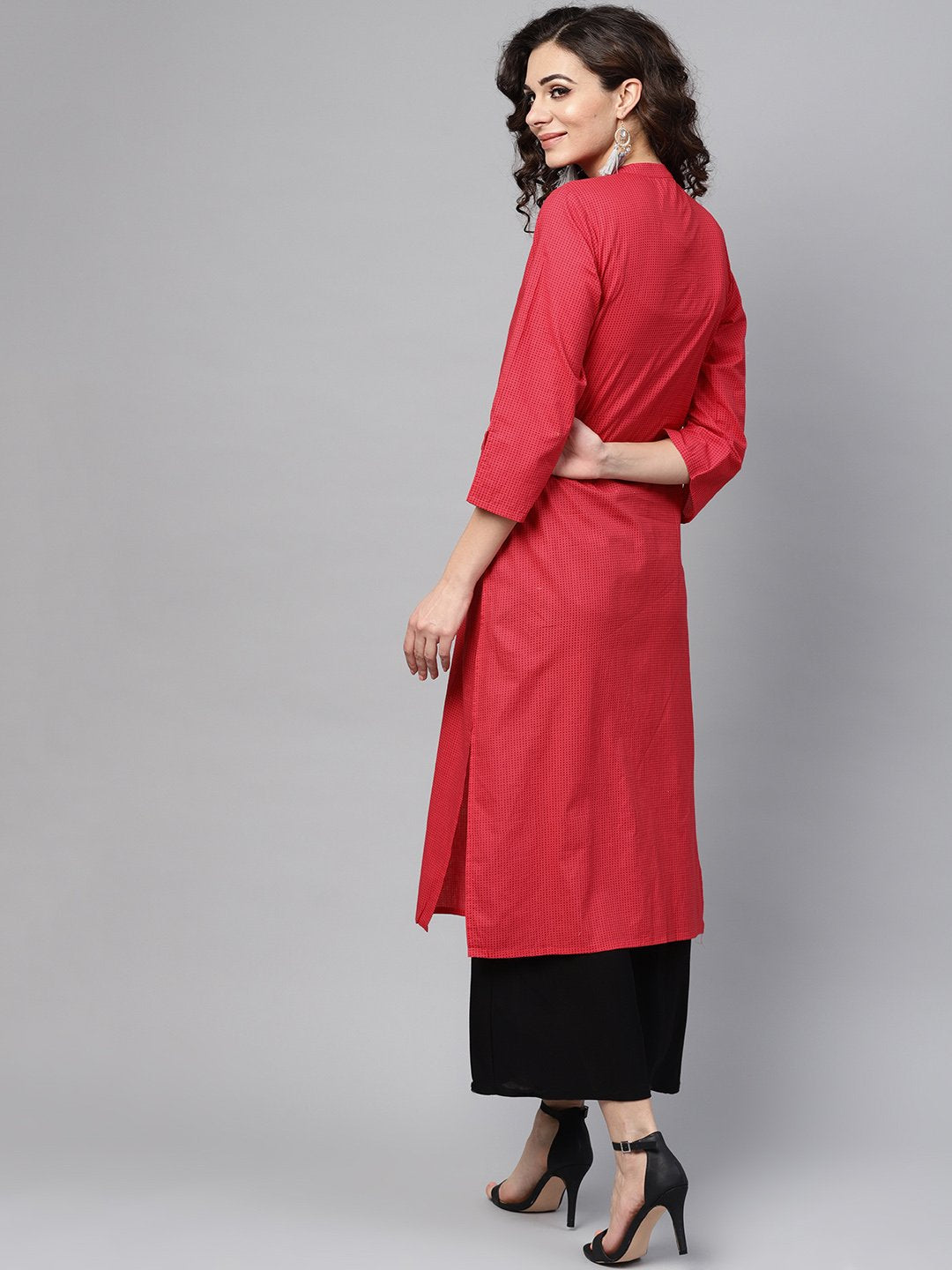 Pink Straight Kurta With Madarin Collar With 3/4 Sleeves | LASVINI - Redefining Indian Fashion with Elegance