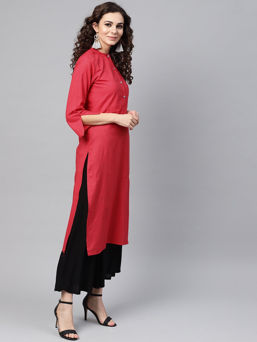 Pink Straight Kurta With Madarin Collar With 3/4 Sleeves | LASVINI - Redefining Indian Fashion with Elegance