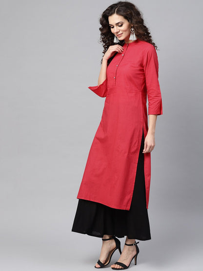 Pink Straight Kurta With Madarin Collar With 3/4 Sleeves | LASVINI - Redefining Indian Fashion with Elegance