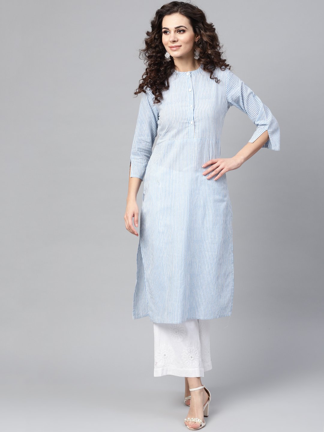 Light Blue Stripped Straight Kurta With Mandarin Collar & 3/4 Sleeves | LASVINI - Redefining Indian Fashion with Elegance