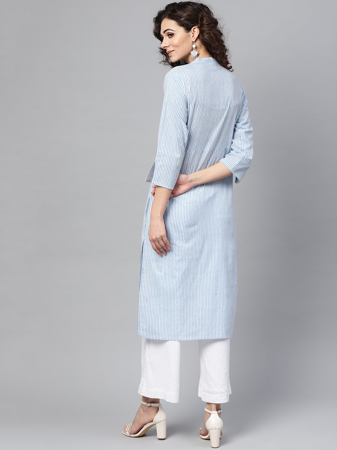 Light Blue Stripped Straight Kurta With Mandarin Collar & 3/4 Sleeves | LASVINI - Redefining Indian Fashion with Elegance