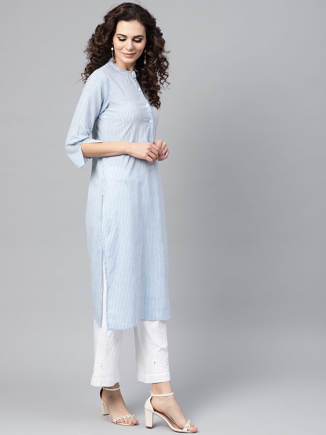 Light Blue Stripped Straight Kurta With Mandarin Collar & 3/4 Sleeves | LASVINI - Redefining Indian Fashion with Elegance