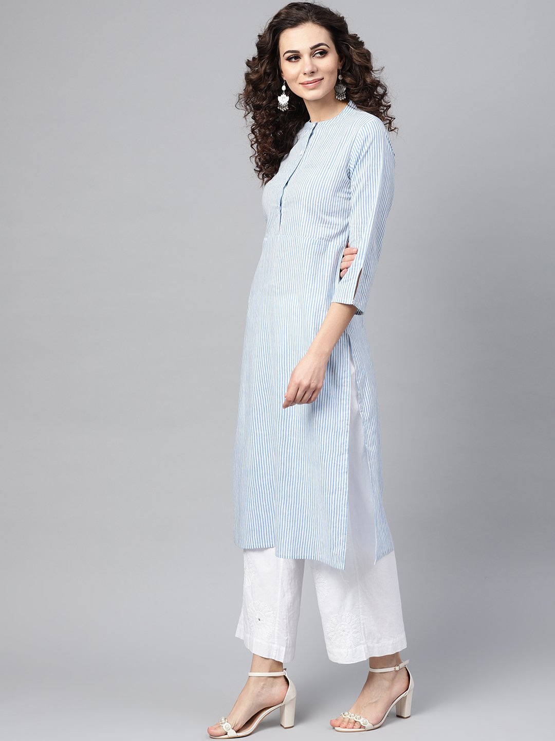 Light Blue Stripped Straight Kurta With Mandarin Collar & 3/4 Sleeves | LASVINI - Redefining Indian Fashion with Elegance