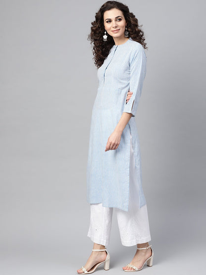 Light Blue Stripped Straight Kurta With Mandarin Collar & 3/4 Sleeves | LASVINI - Redefining Indian Fashion with Elegance