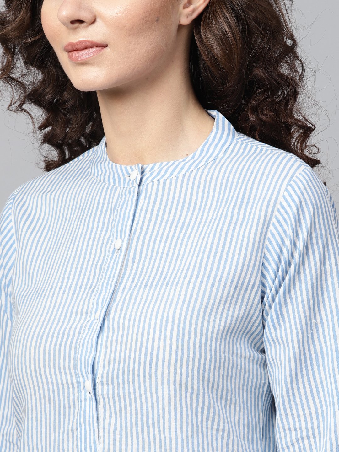 Light Blue Stripped Straight Kurta With Mandarin Collar & 3/4 Sleeves | LASVINI - Redefining Indian Fashion with Elegance
