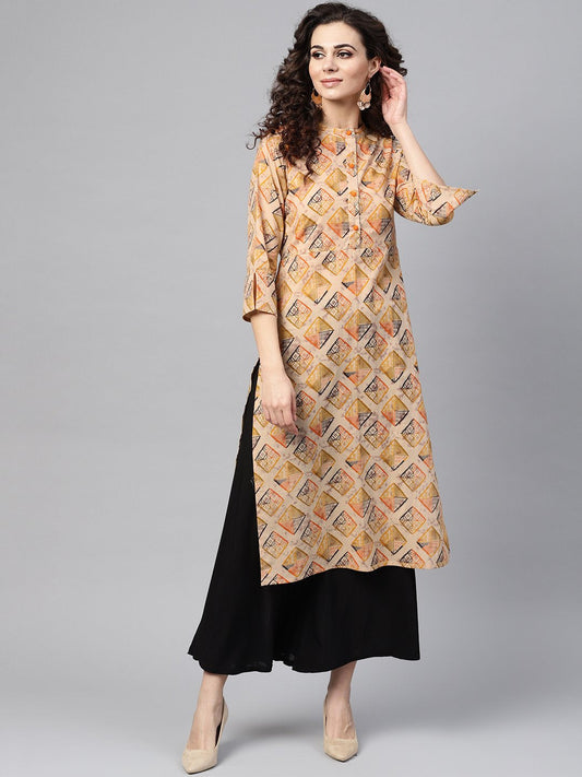 Beige Multi-Colored Straight Kurta With Mandarin Collar With 3/4 Sleeves | LASVINI - Redefining Indian Fashion with Elegance