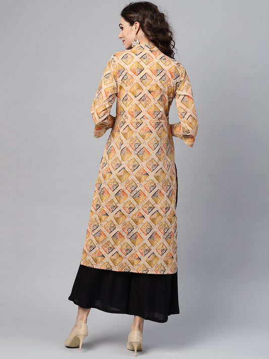Beige Multi-Colored Straight Kurta With Mandarin Collar With 3/4 Sleeves | LASVINI - Redefining Indian Fashion with Elegance