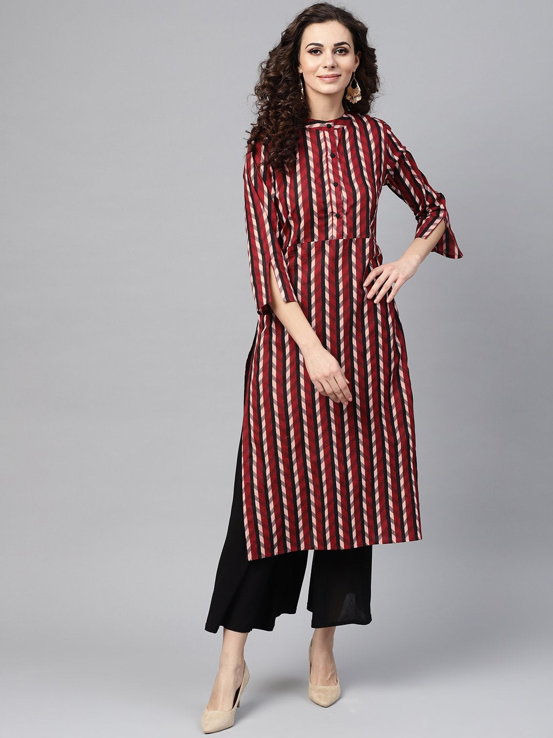 Multi Colored Straight Kurta With Mandarin Collar & 3/4 Sleeves | LASVINI - Redefining Indian Fashion with Elegance