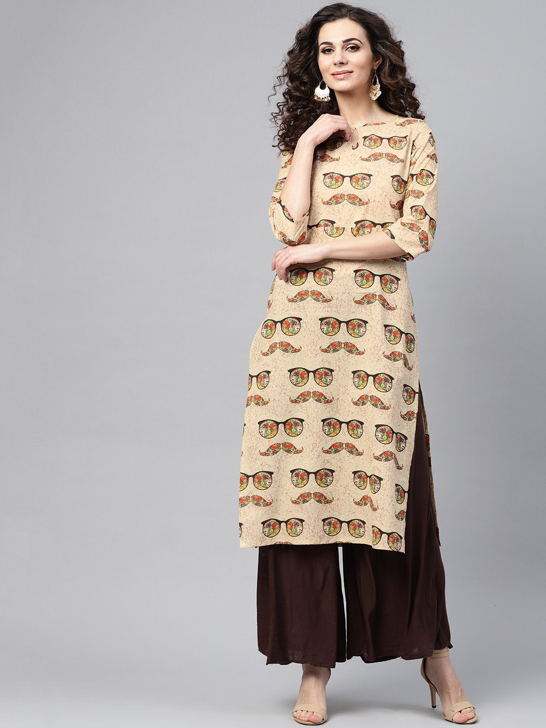 Cream Multi Colored Straight Kurta With Keyhole Neck & 3/4 Sleevs | LASVINI - Redefining Indian Fashion with Elegance
