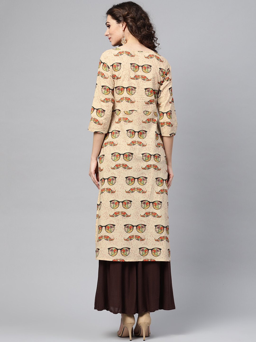 Cream Multi Colored Straight Kurta With Keyhole Neck & 3/4 Sleevs | LASVINI - Redefining Indian Fashion with Elegance