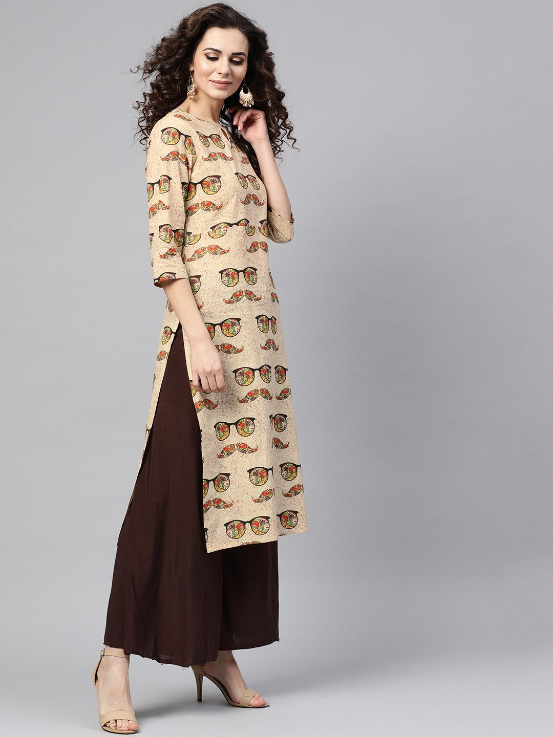 Cream Multi Colored Straight Kurta With Keyhole Neck & 3/4 Sleevs | LASVINI - Redefining Indian Fashion with Elegance