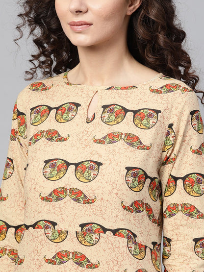 Cream Multi Colored Straight Kurta With Keyhole Neck & 3/4 Sleevs | LASVINI - Redefining Indian Fashion with Elegance