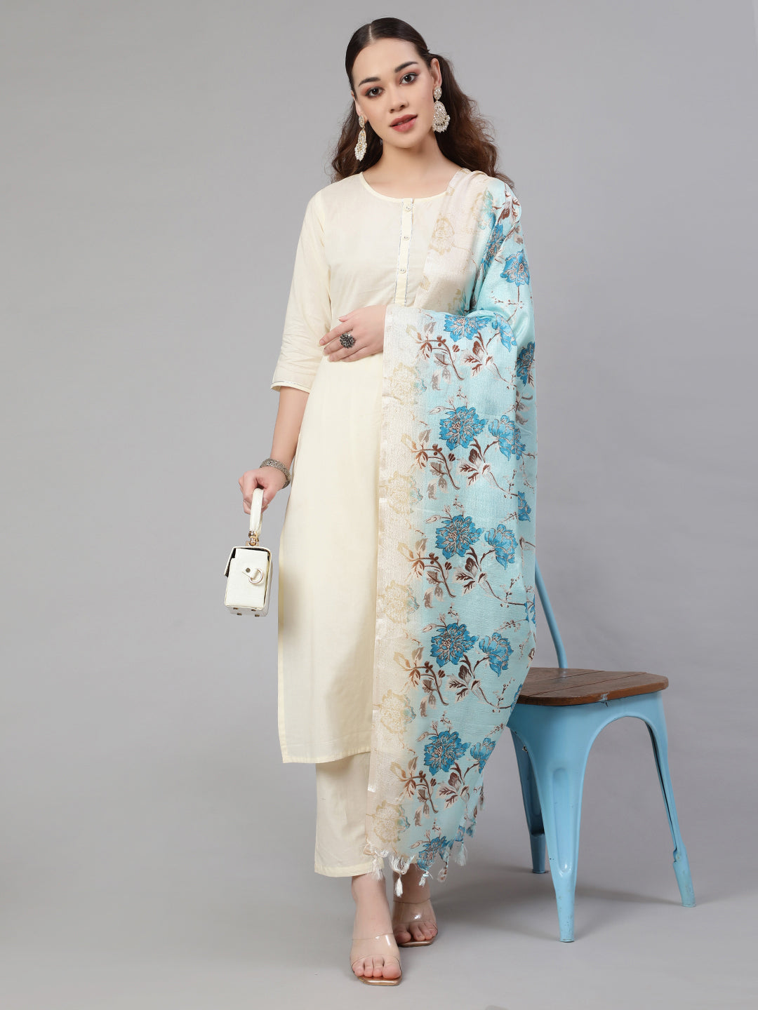 Women Cream Straight Solid Kurta With Trouser And Art Silk Dupatta | LASVINI - Redefining Indian Fashion with Elegance