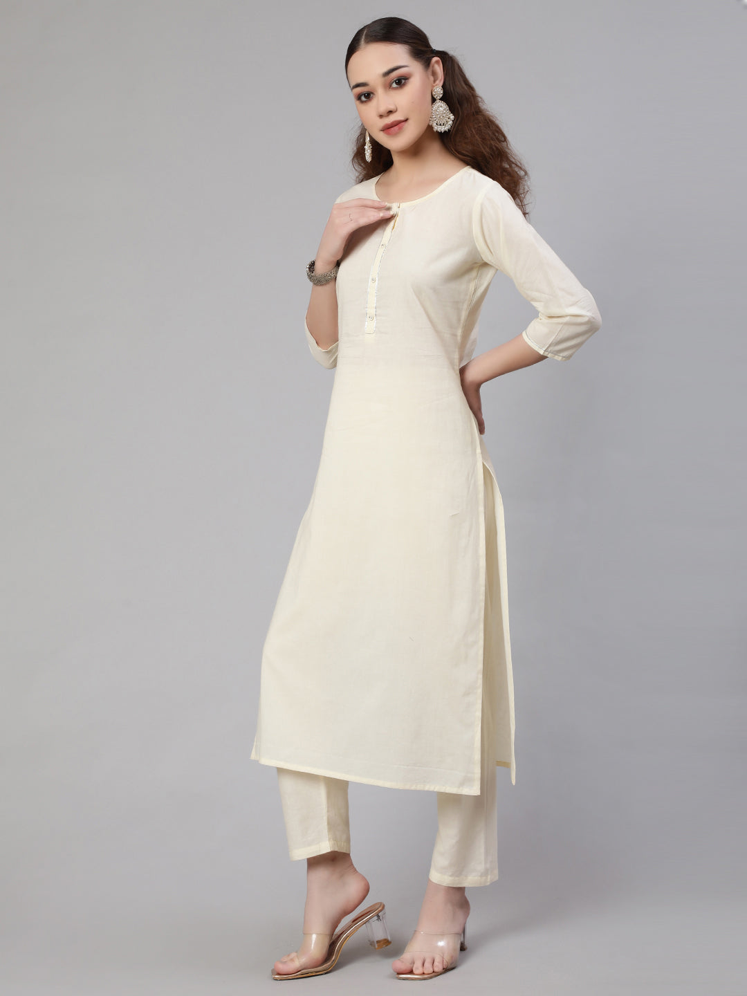 Women Cream Straight Solid Kurta With Trouser And Art Silk Dupatta | LASVINI - Redefining Indian Fashion with Elegance