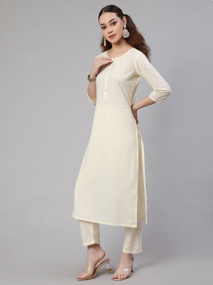 Women Cream Straight Solid Kurta With Trouser And Art Silk Dupatta | LASVINI - Redefining Indian Fashion with Elegance