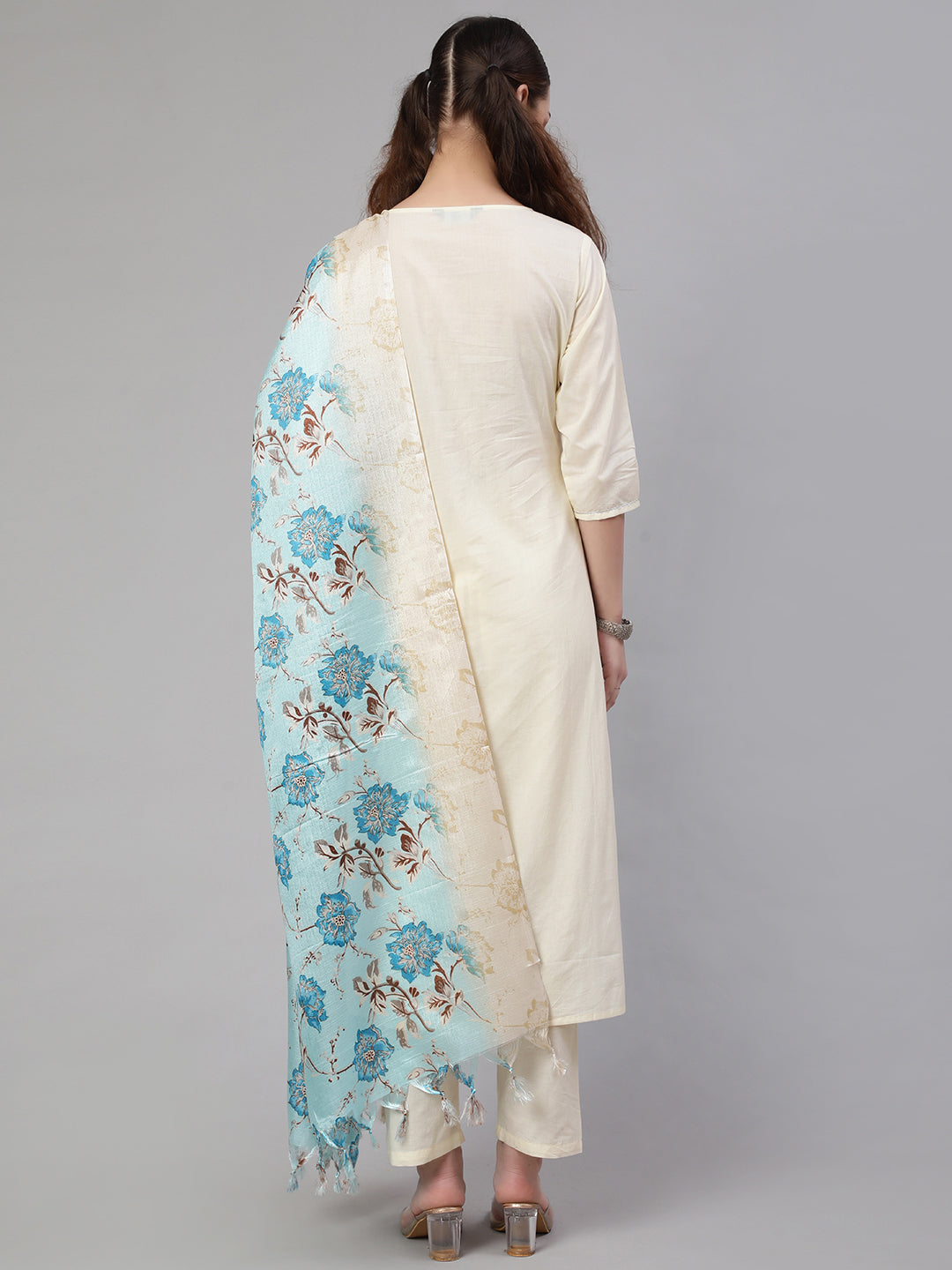 Women Cream Straight Solid Kurta With Trouser And Art Silk Dupatta | LASVINI - Redefining Indian Fashion with Elegance