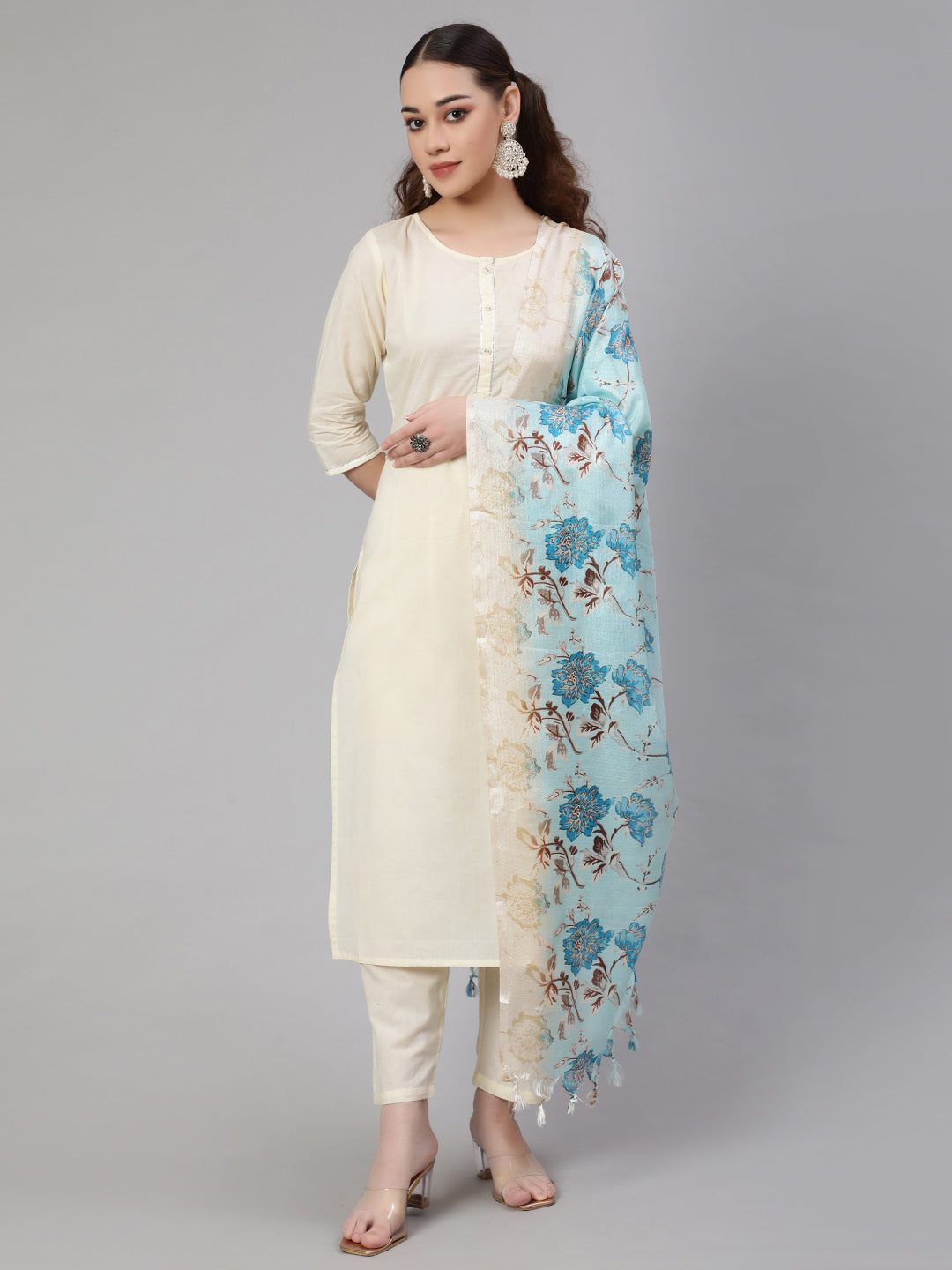 Women Cream Straight Solid Kurta With Trouser And Art Silk Dupatta | LASVINI - Redefining Indian Fashion with Elegance