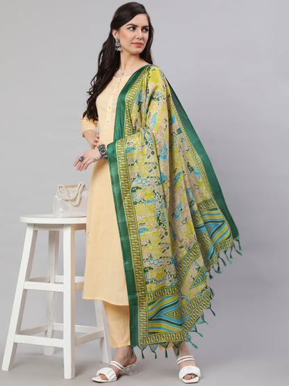 Women Cream Straight Solid Kurta With Trouser And Art Silk Dupatta | LASVINI - Redefining Indian Fashion with Elegance