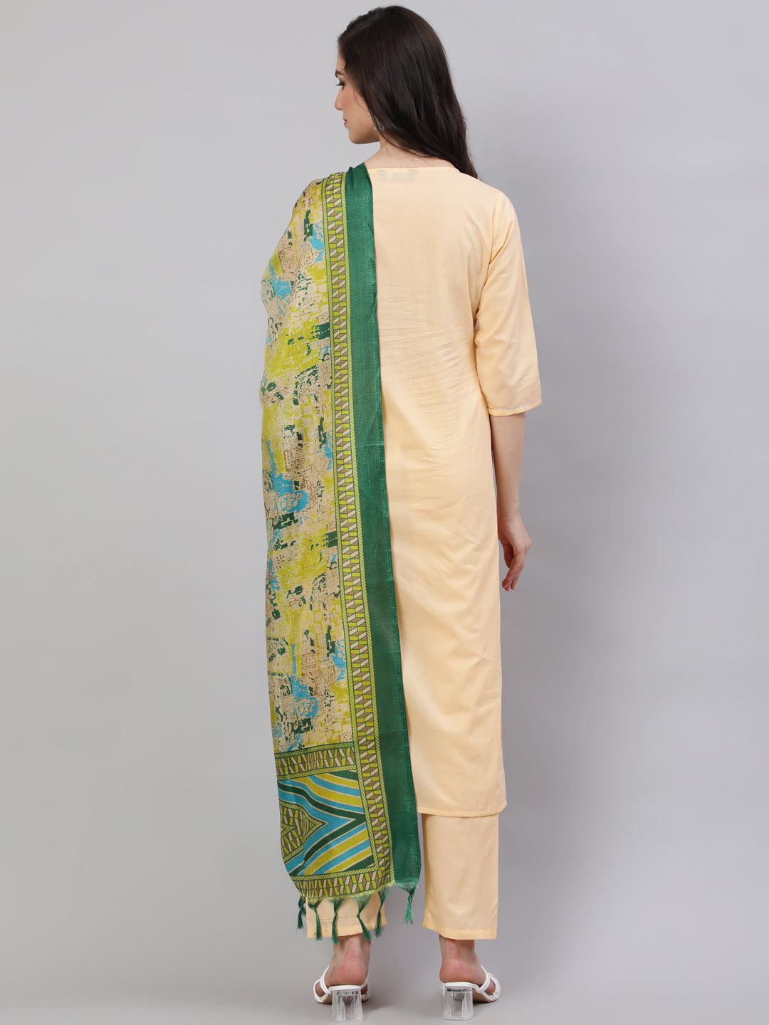 Women Cream Straight Solid Kurta With Trouser And Art Silk Dupatta | LASVINI - Redefining Indian Fashion with Elegance