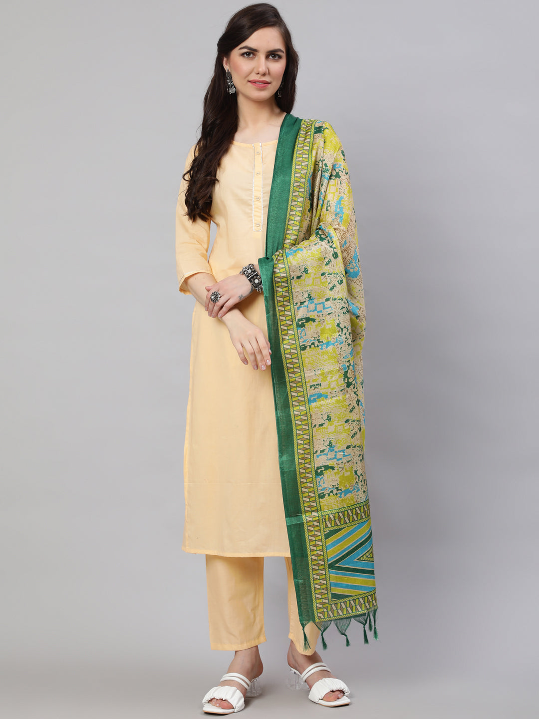 Women Cream Straight Solid Kurta With Trouser And Art Silk Dupatta | LASVINI - Redefining Indian Fashion with Elegance