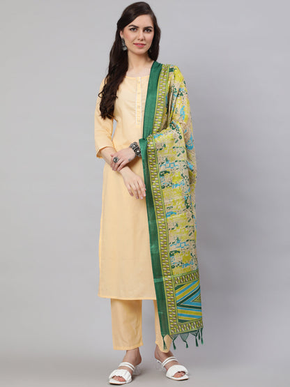 Women Cream Straight Solid Kurta With Trouser And Art Silk Dupatta | LASVINI - Redefining Indian Fashion with Elegance