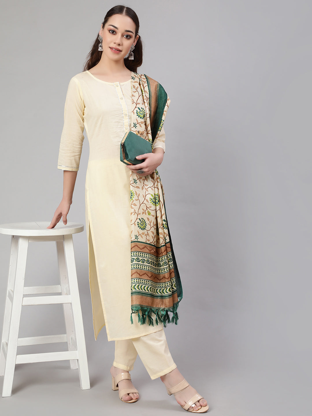 Women Cream Straight Solid Kurta With Trouser And Art Silk Dupatta | LASVINI - Redefining Indian Fashion with Elegance